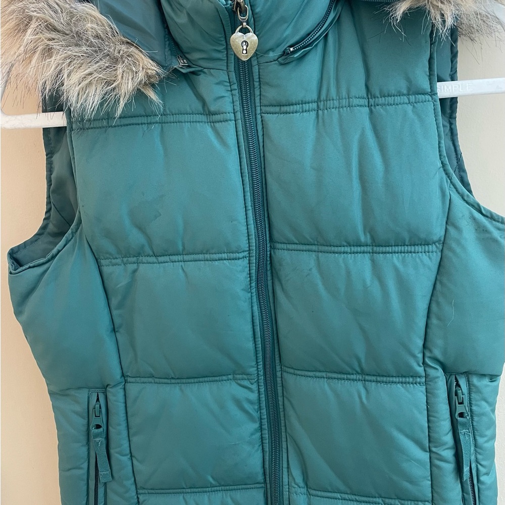 Green Puffer Vest with Faux Fur Trim SZ M